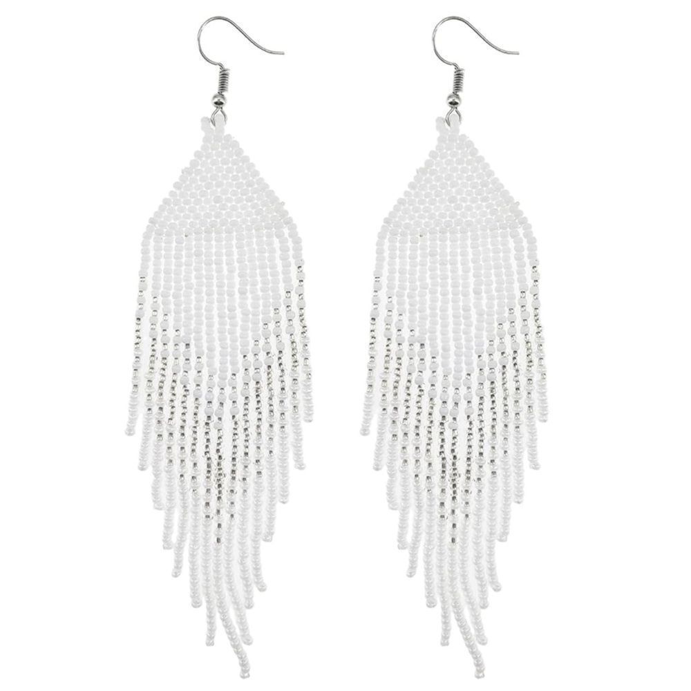 White Bohemian Seed Bead Tassel Dangling Statement French Wire Hook Earrings